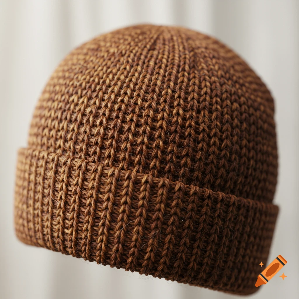 A close-up shot of a brown knitted beanie hat showing the texture of the yarn and stitches.