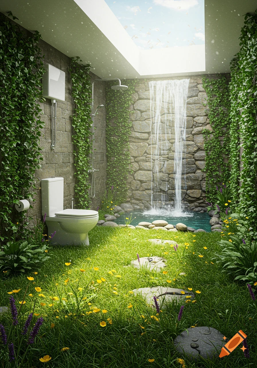 A surreal bathroom features a toilet and shower on a lush green lawn with flowers, next to a rock wall with a waterfall under an open skylight.
