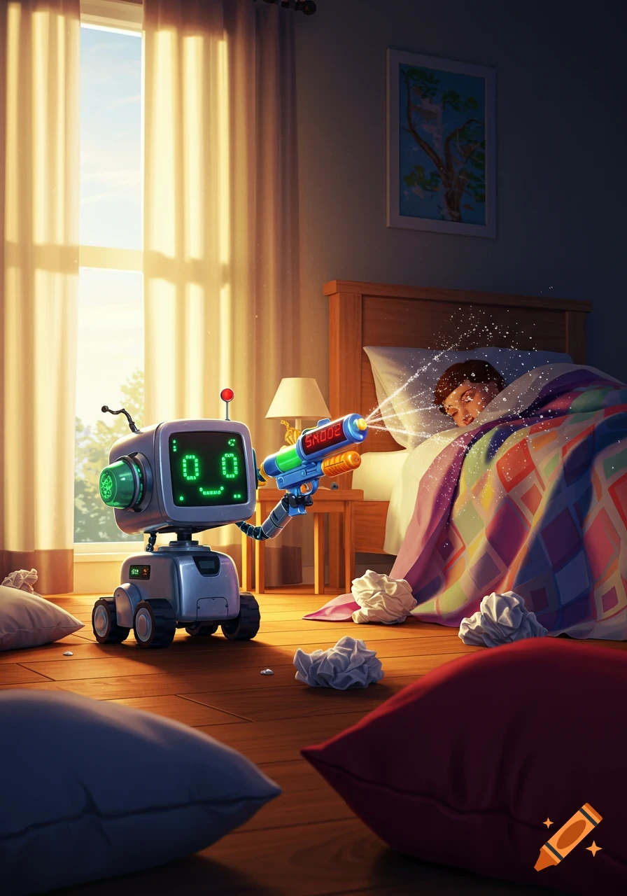 An illustrated scene of a robot with a water gun squirting water at a sleeping person in a sunlit bedroom.