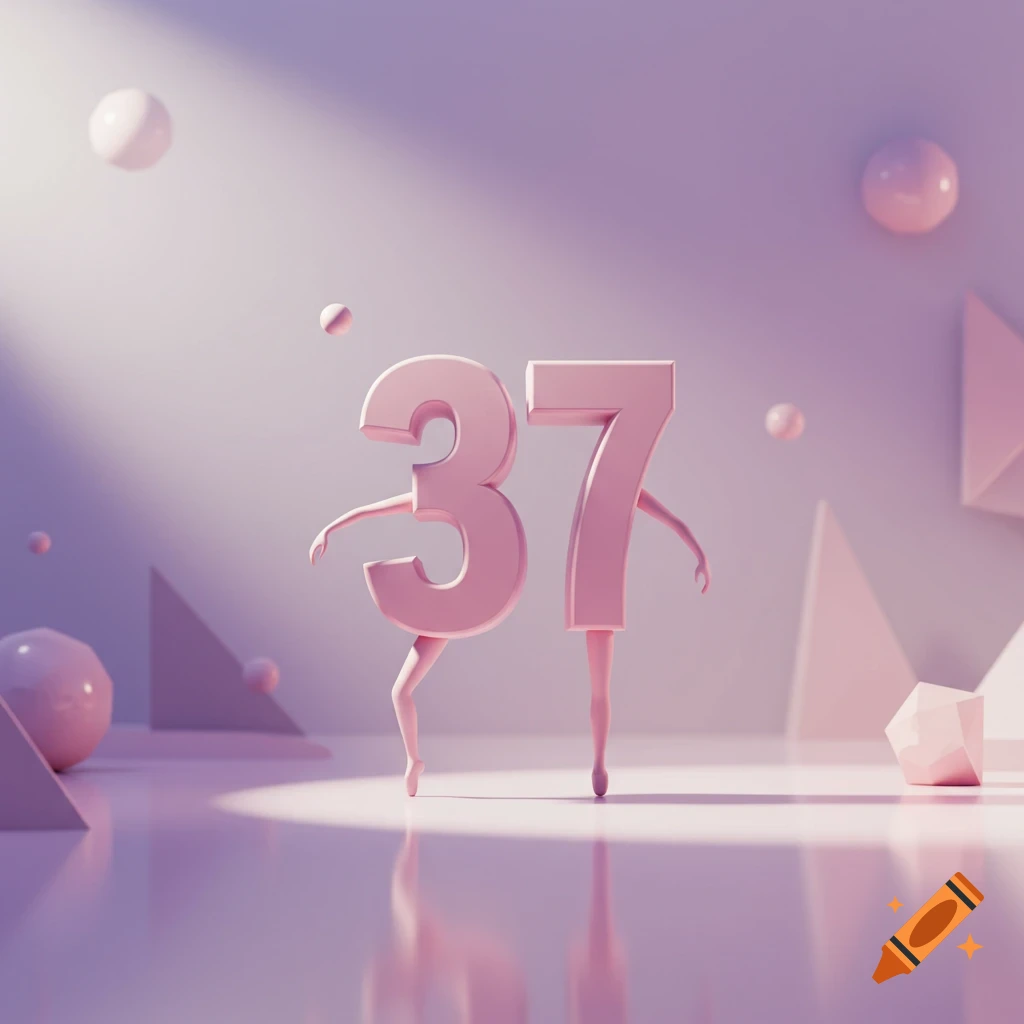 A whimsical 3D rendering of the numbers 37, stylized in pink with human-like arms and legs, standing amidst geometric shapes.