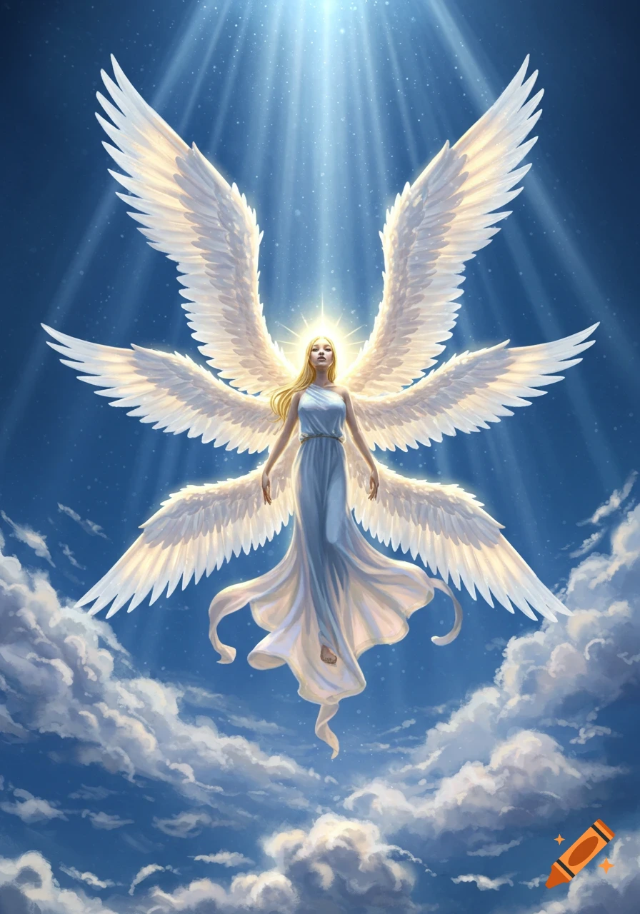 A radiant blonde angel with six large white wings and a white flowing dress floats among clouds, illuminated by divine light.