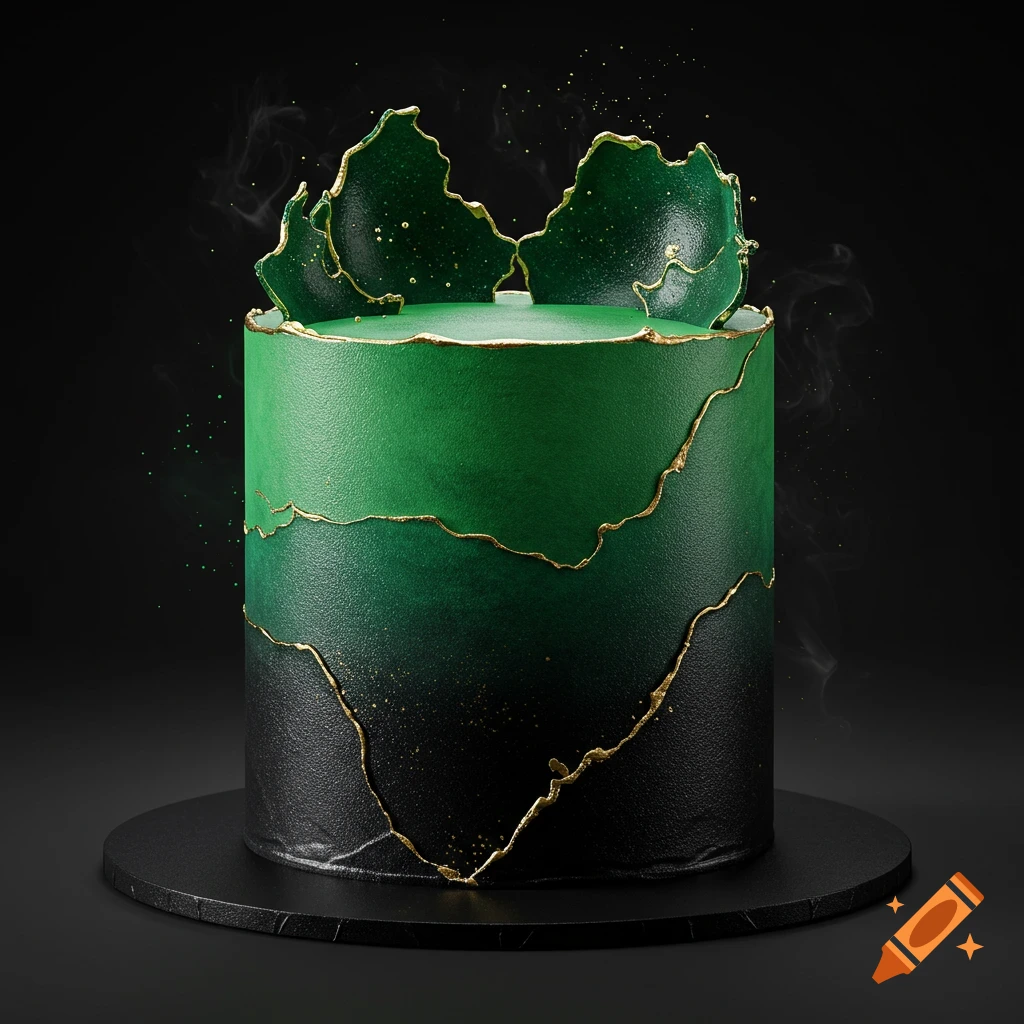 A sophisticated round cake with a green and black ombre base, adorned with intricate gold cracked lines and green sugar shards on top.