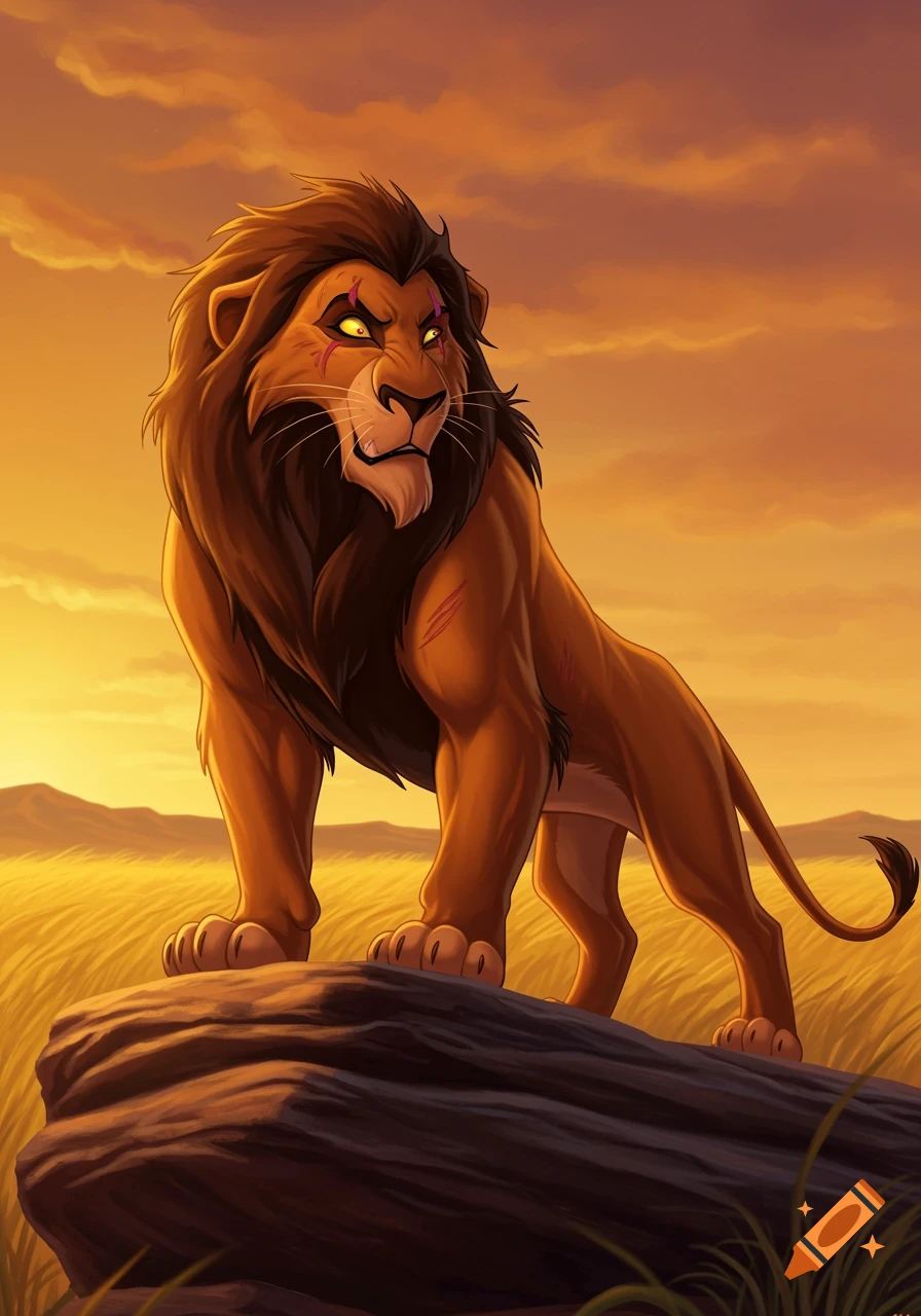A muscular, battle-scarred lion resembling Scar from Disney's The Lion King stands on a rock in a savanna at sunset, with an orange sky.