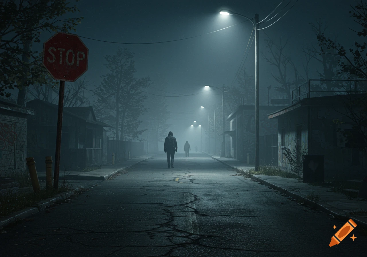 A desolate, foggy street at night with streetlights illuminating two figures walking away from a stop sign.