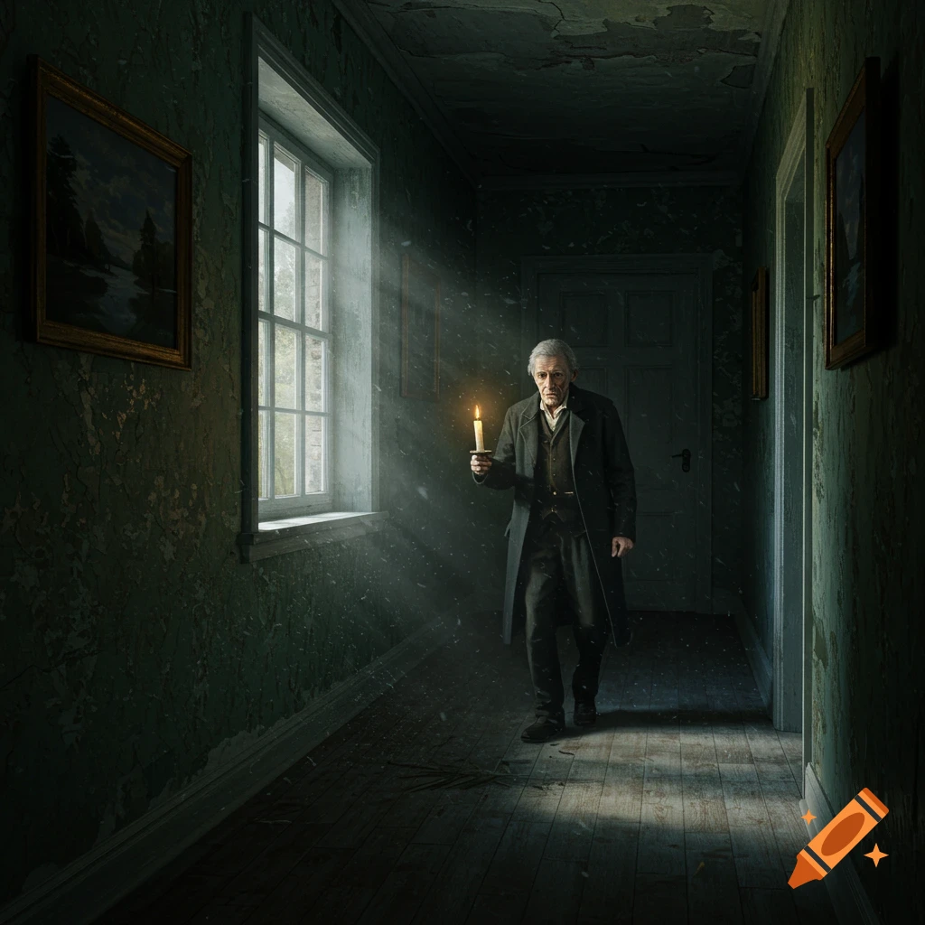 An old man walks through a dark, dilapidated hallway, holding a dimly lit candle as moonlight streams in from a window.
