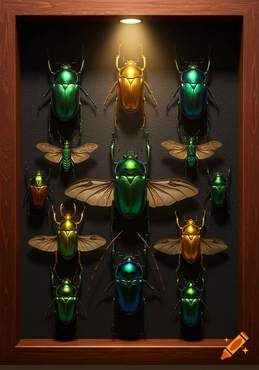 An illuminated shadowbox displays a collection of various iridescent green, gold, and brown beetles, some with extended wings, against a dark background.