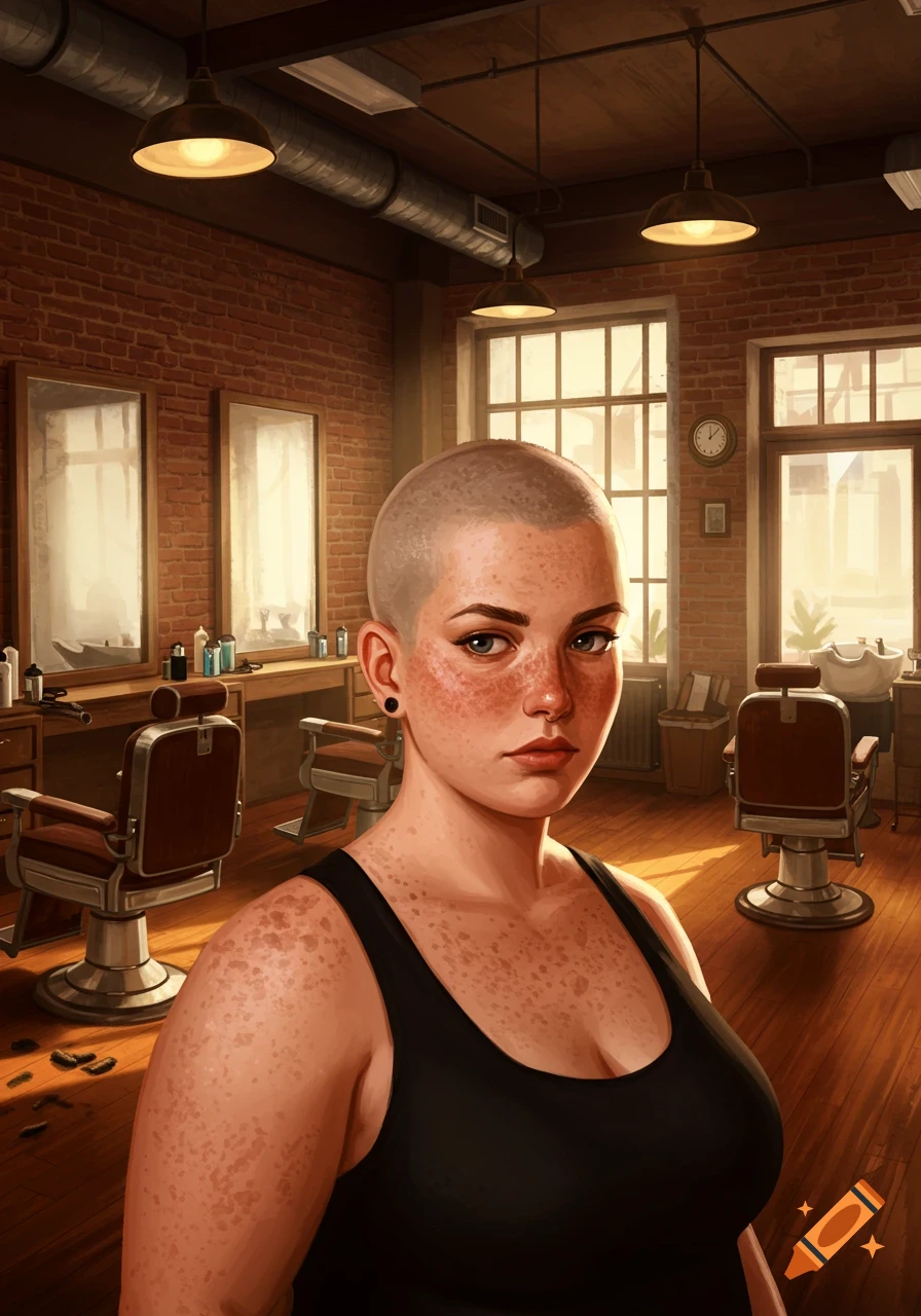 An illustrated portrait of a woman with a buzz cut and freckles, wearing a black tank top in a barbershop.
