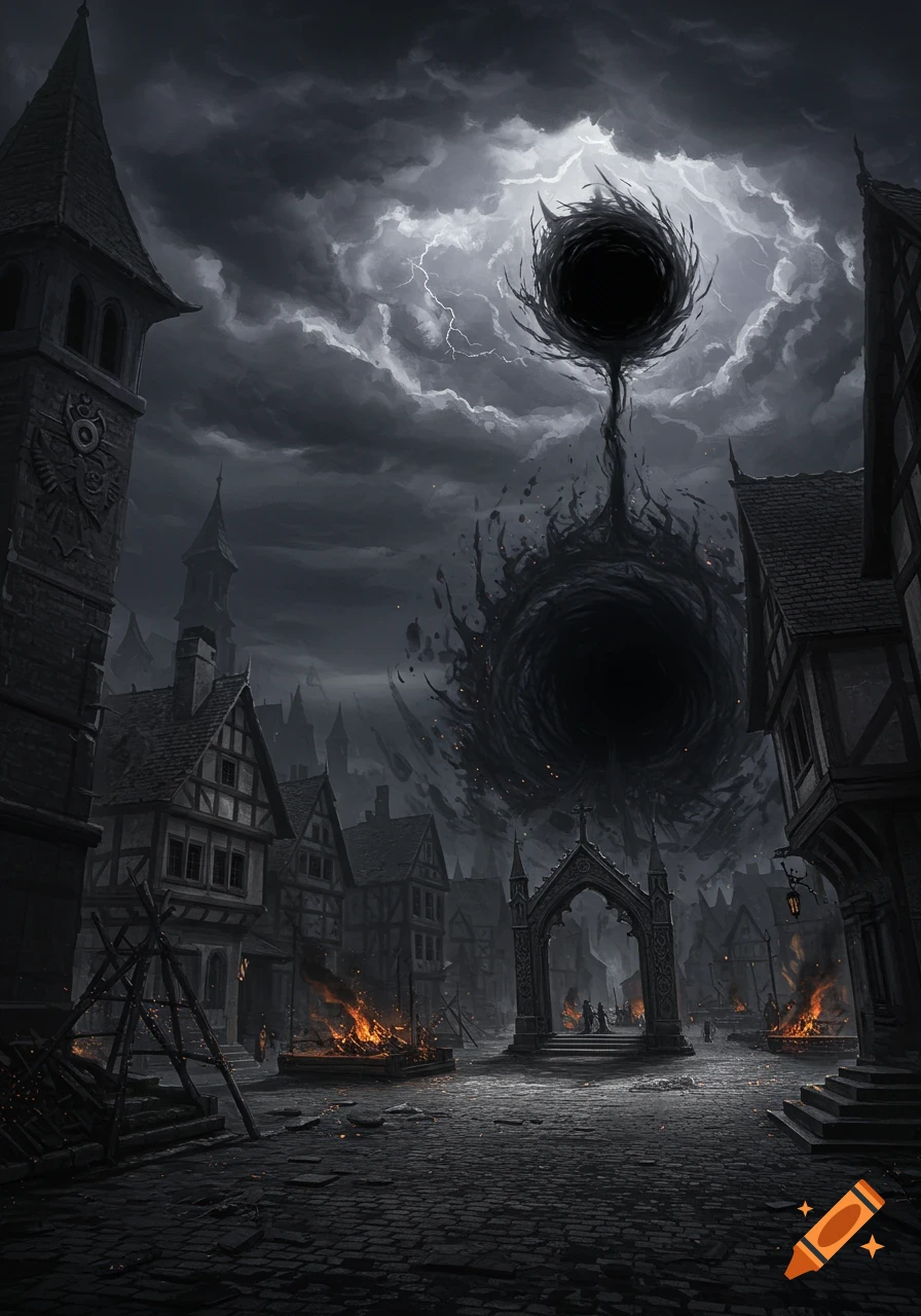 A dark fantasy illustration of a black void of magic consuming a medieval town under a stormy, lightning-filled sky.