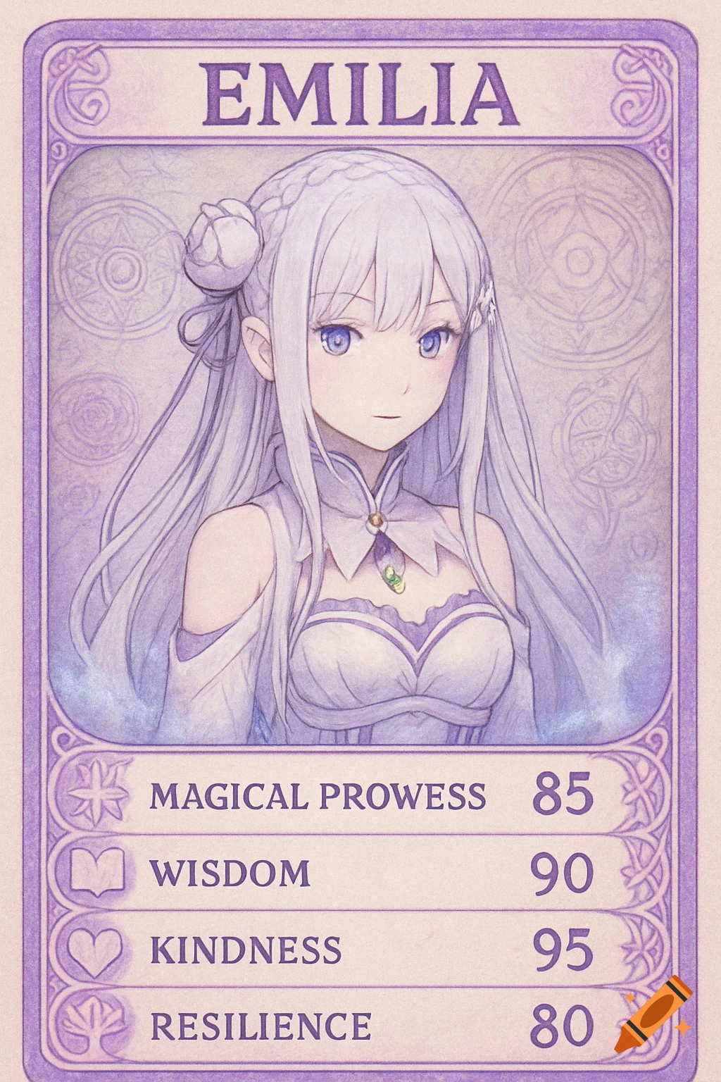 An anime character, Emilia from Re:Zero, depicted on a purple trading card with her stats: Magical Prowess 85, Wisdom 90, Kindness 95, Resilience 80.