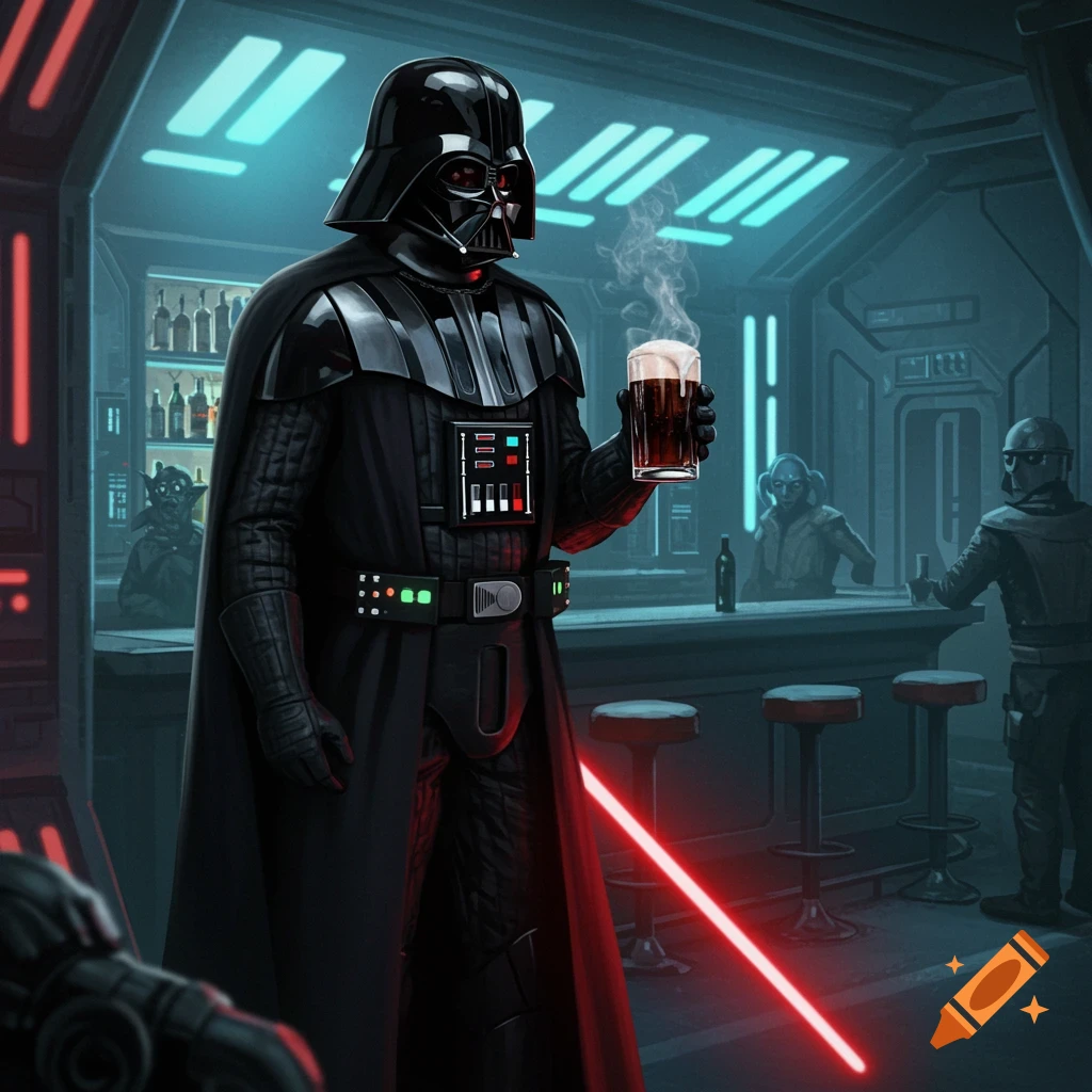 Darth Vader holds a steaming glass of beer in a futuristic, neon-lit bar with other aliens and characters in the background.