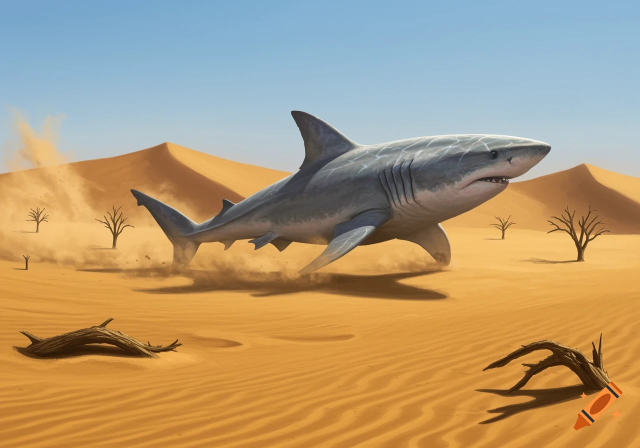 A large grey shark emerges from sand in a vast desert landscape with dunes and sparse dead trees.