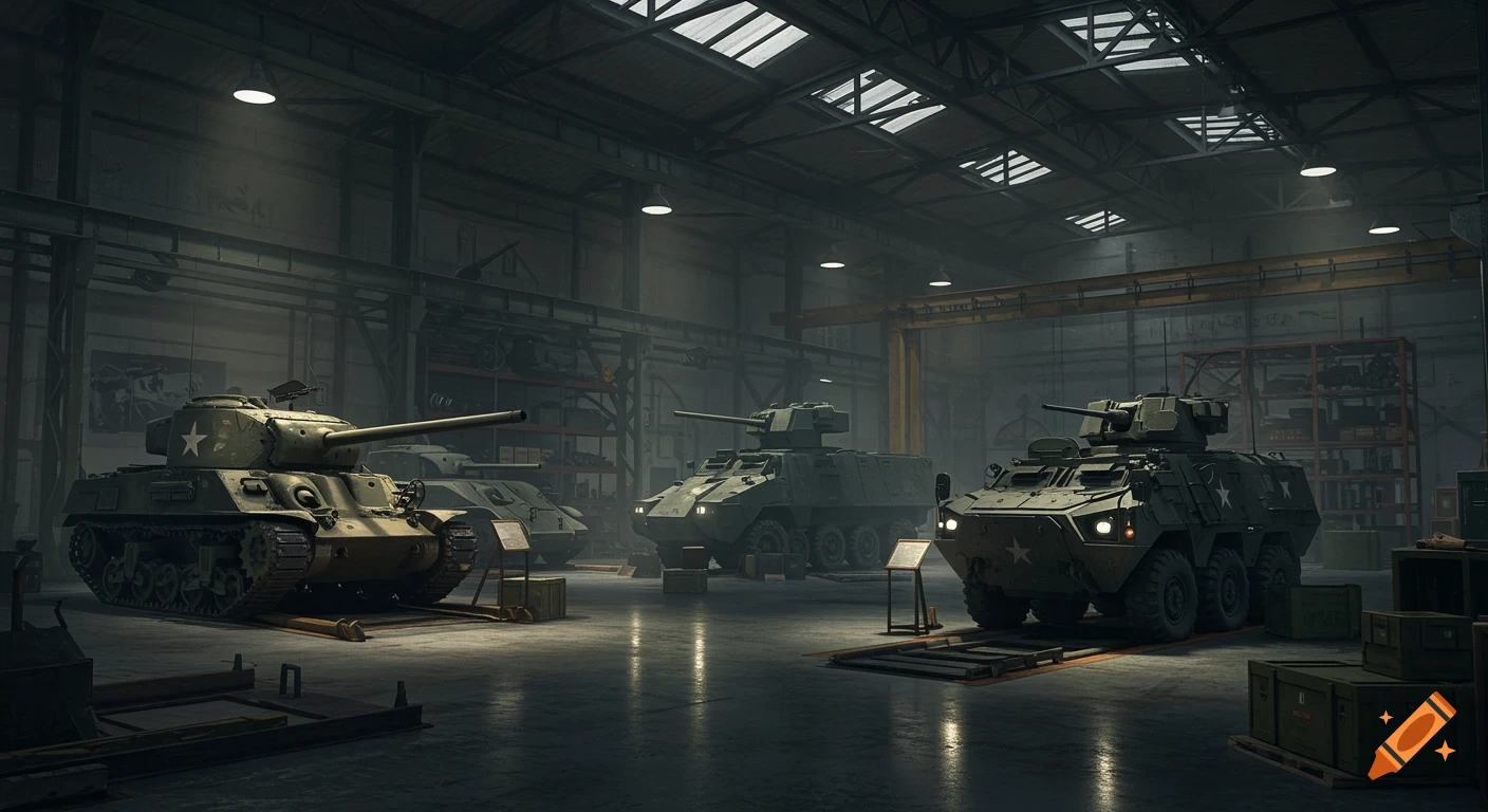Photorealistic image of military armored vehicles and tanks inside a large, dimly lit warehouse with high ceilings.