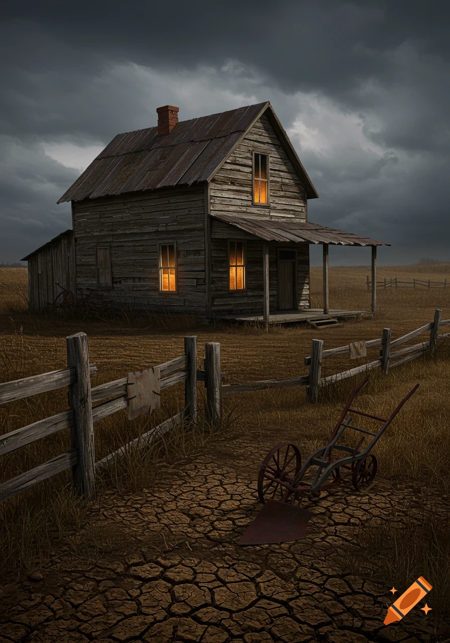 A desolate, old wooden farmhouse with glowing windows stands in a dry field under a dark, stormy sky.