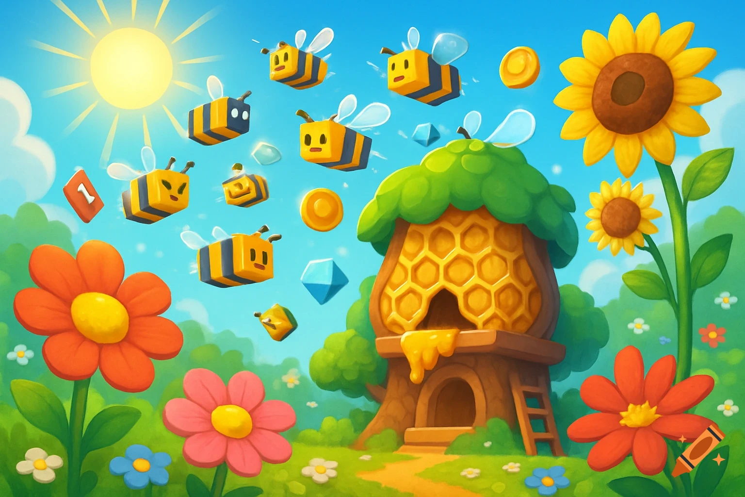 Vibrant cartoon landscape with blocky bees flying around a beehive tree house, colorful flowers, and a bright sun in a blue sky.