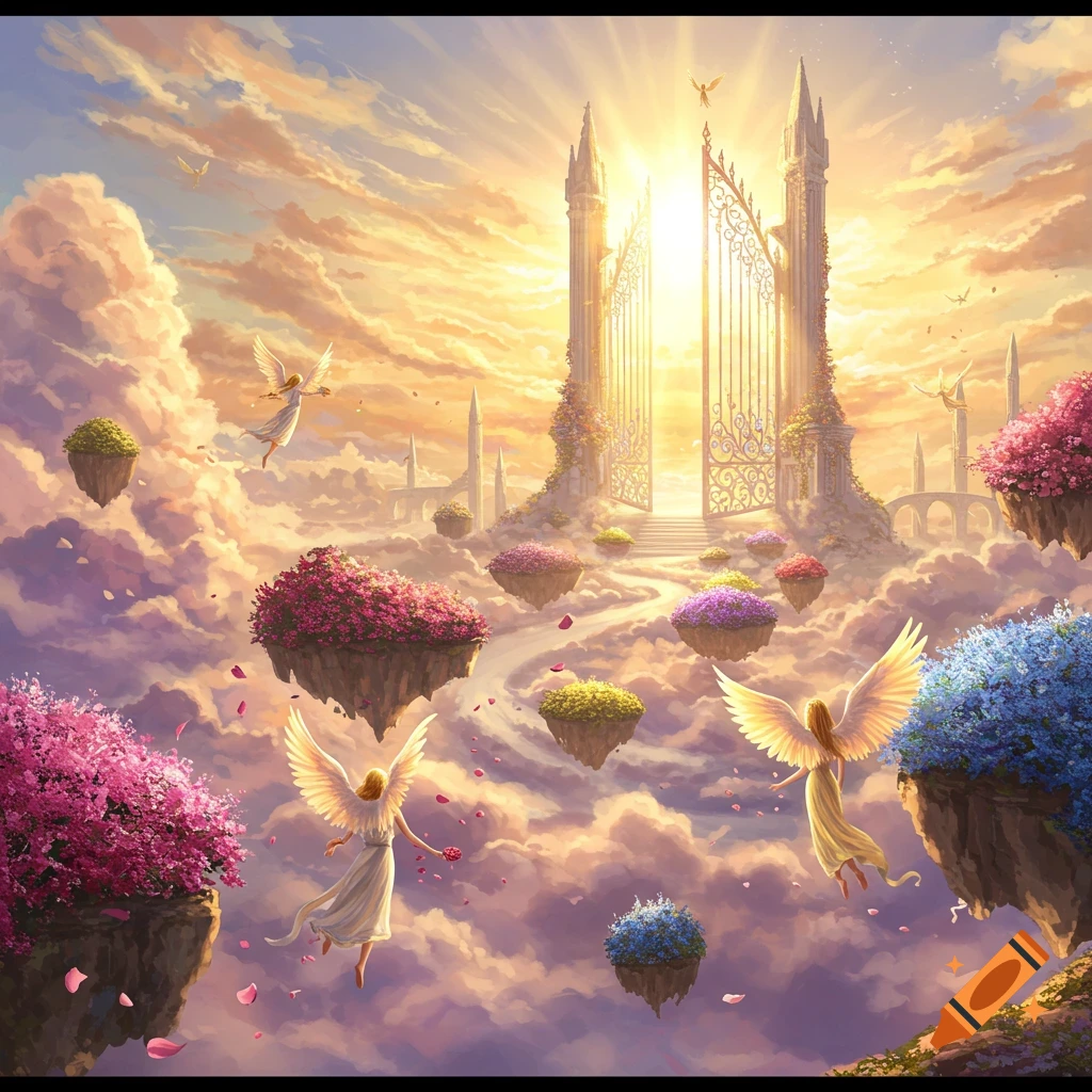 Ethereal gates of heaven open in a luminous sky, with angels flying over floating islands covered in vibrant flowers.