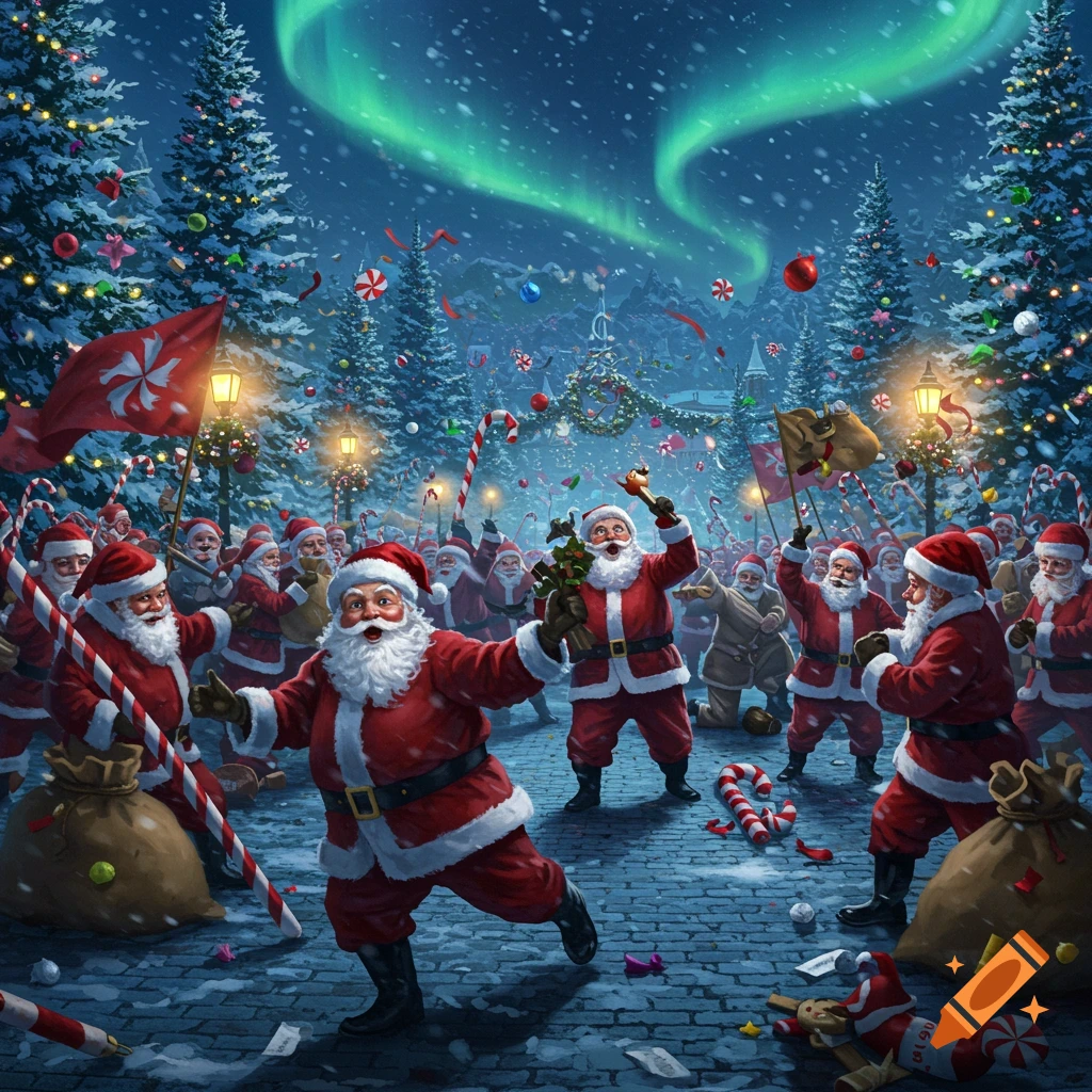 A chaotic nighttime scene with many Santas in a festive riot, surrounded by decorated Christmas trees, candy canes, and presents, under the green northern lights.