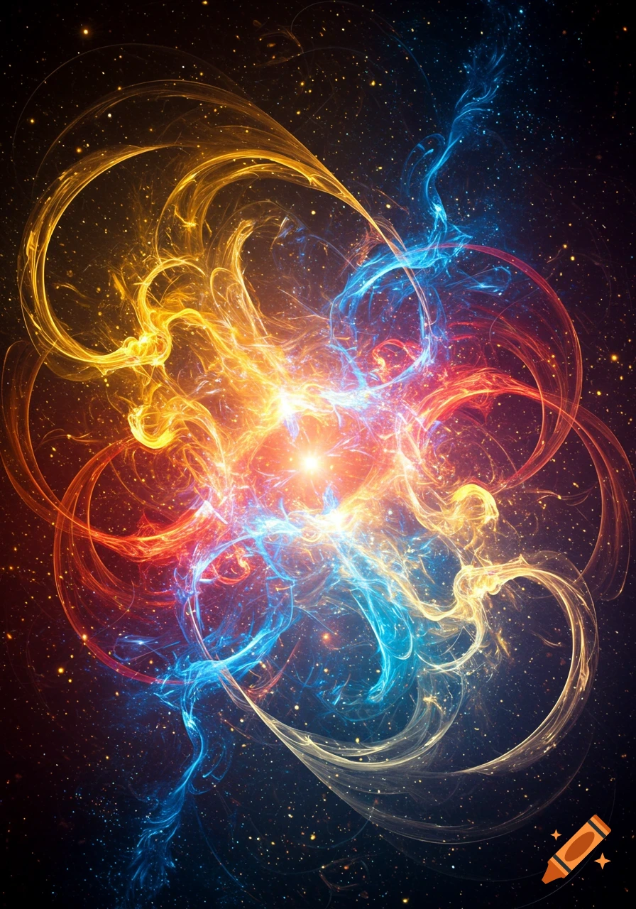 Vibrant abstract light swirls in red, orange, yellow, and blue against a starry dark space background.