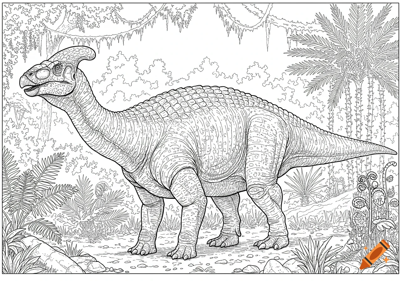 Black and white line art of a large Hadrosaurid dinosaur standing in a dense prehistoric jungle, suitable for a coloring book.