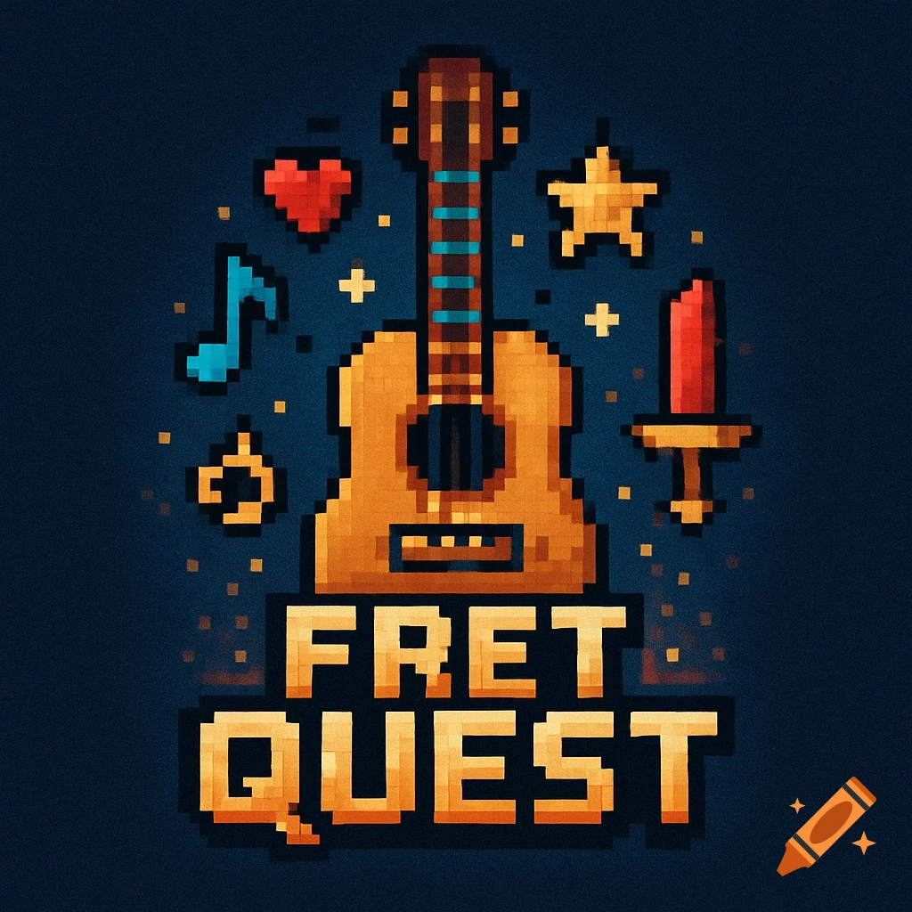 Pixel art logo for Fret Quest featuring a guitar, musical note, heart, star, and ring.