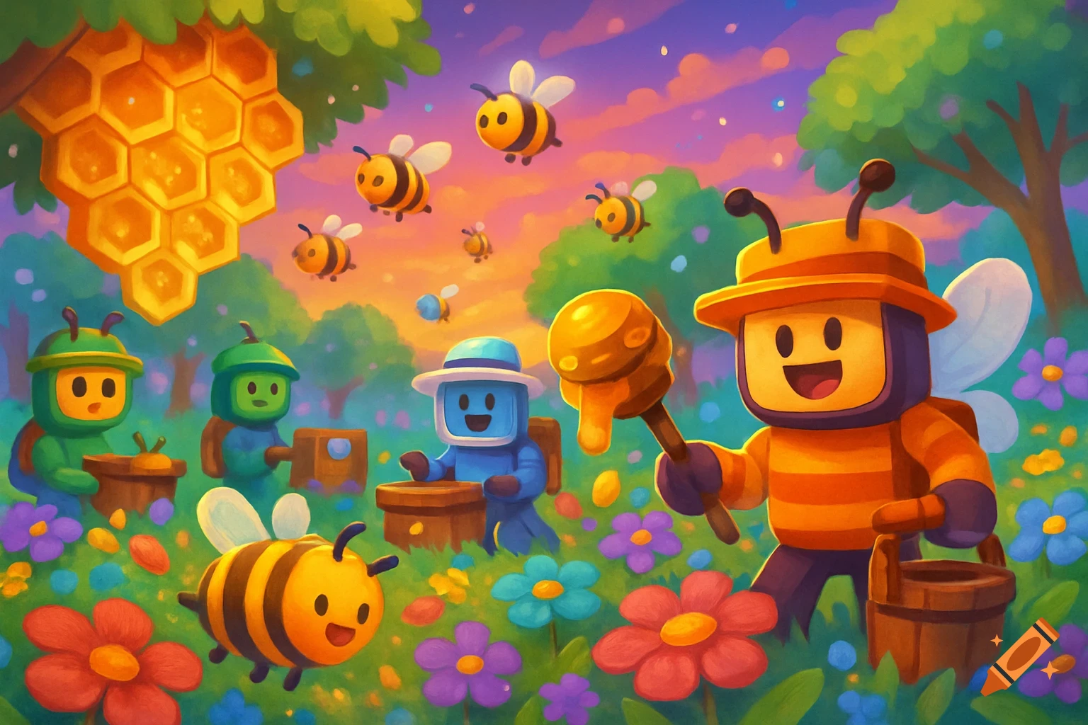 Vibrant cartoon illustration of bee-like characters collecting honey from a large beehive in a field of colorful flowers with many bees flying around.