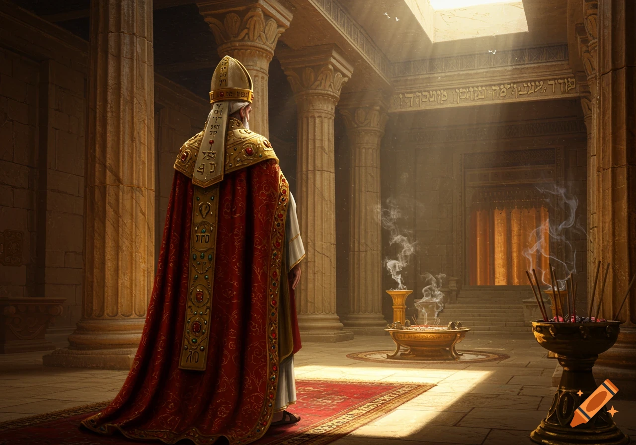 A robed high priest stands with his back to the viewer in a grand ancient temple with pillars and burning incense, light streaming from above.