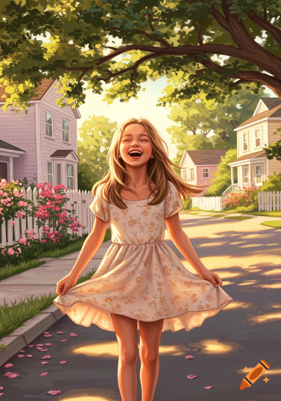 Joyful young girl laughing in a floral dress on a sunny suburban street with houses and pink roses in an illustrative style.