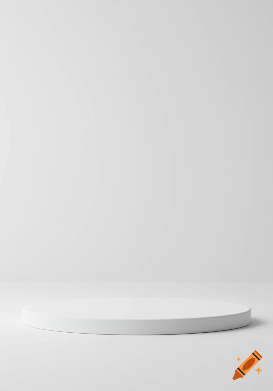 A white cylindrical podium on a white surface in a minimalist white studio.