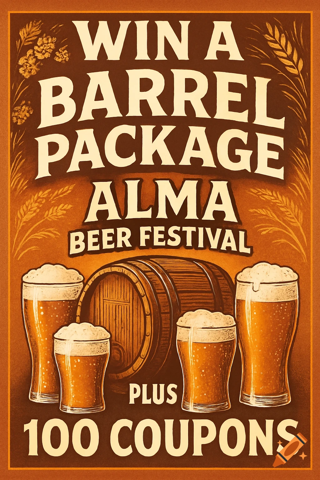 A vintage-style poster advertising the Alma Beer Festival, featuring a beer barrel, four beer glasses, and promotional text.