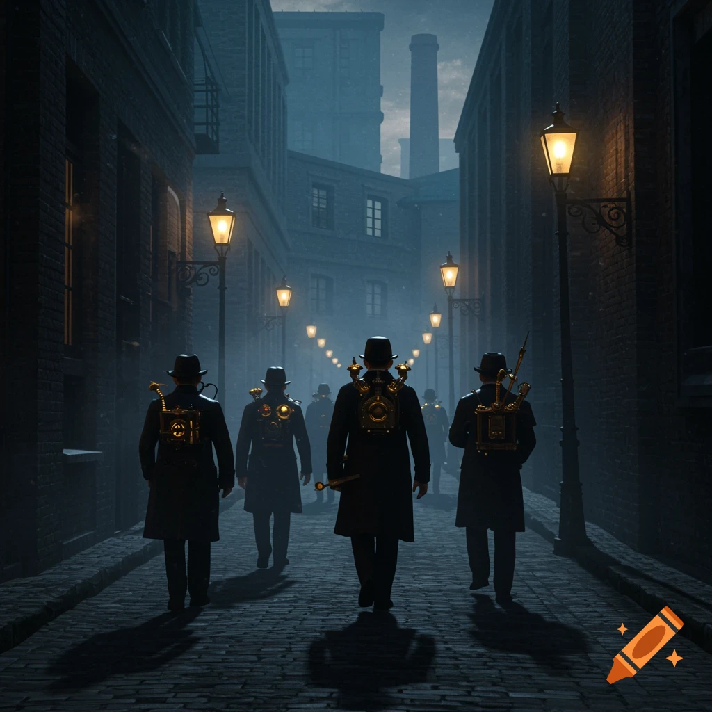 Steampunk inventors in bowler hats walk down a dark, misty cobblestone alley lined with glowing lanterns and old buildings.