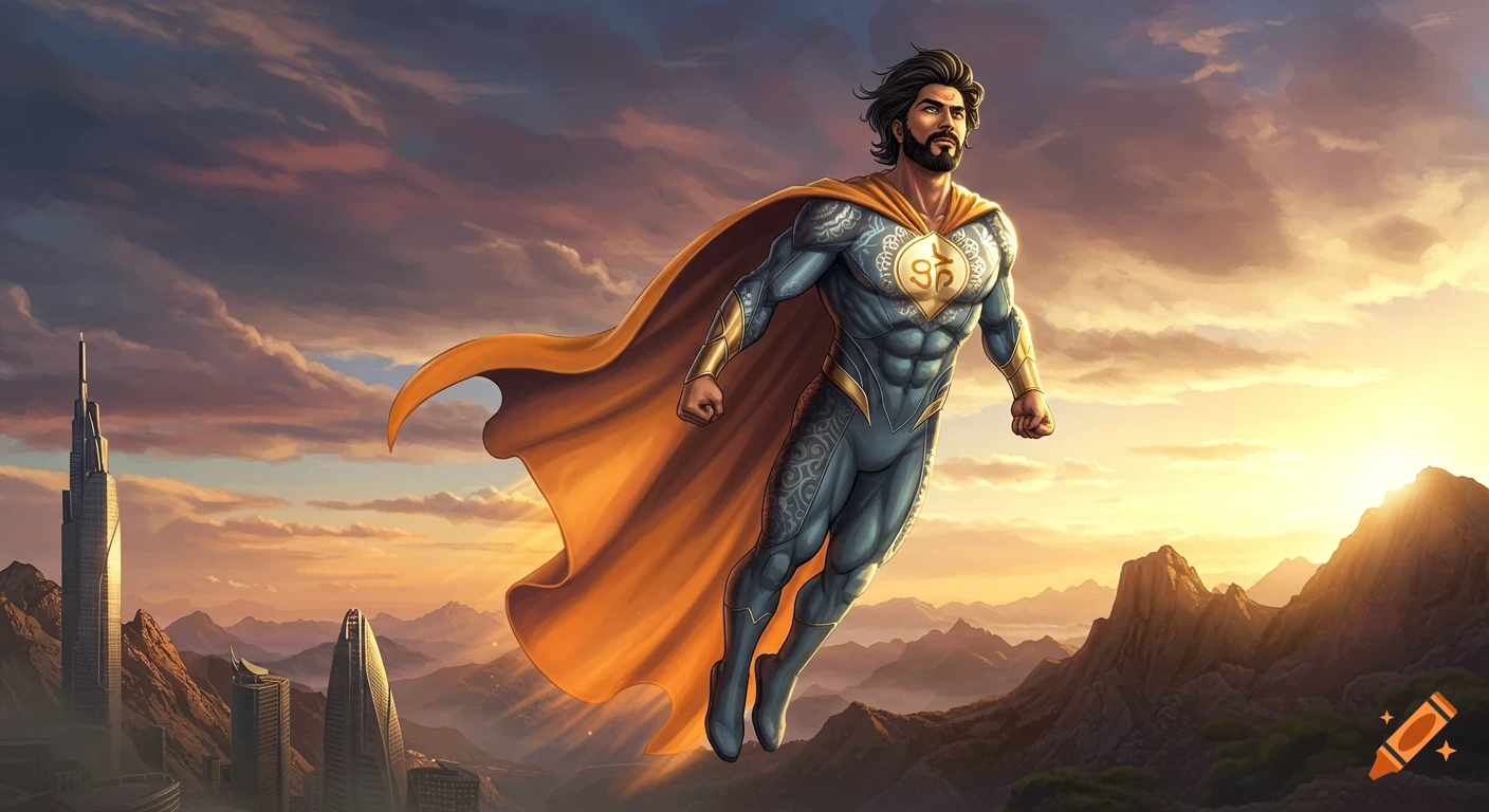 A muscular South Asian superhero with a gold cape and grey suit with a golden emblem flies over a city and mountains at sunset.