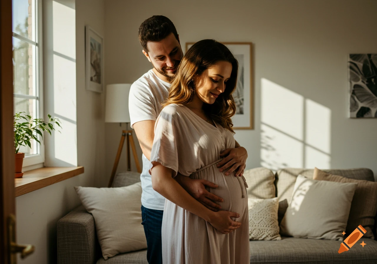 A man embraces his pregnant wife as she gently holds her belly in a sunlit room.