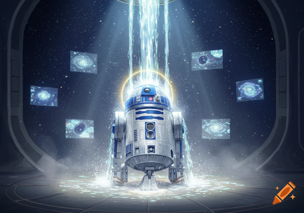 R2D2 robot standing under a glowing stream of light in a dark, circular chamber with holographic galaxy projections.