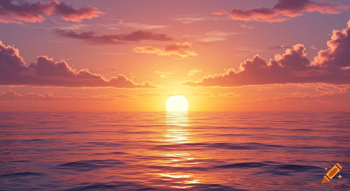 A vibrant orange and pink sunset over a calm ocean with the sun reflecting on the water.