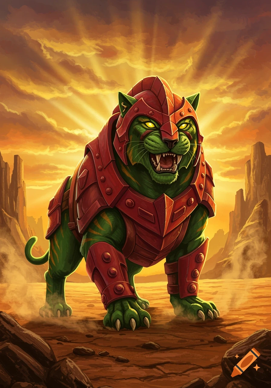Green tiger-like creature in red armor roaring in a desert landscape at sunset.