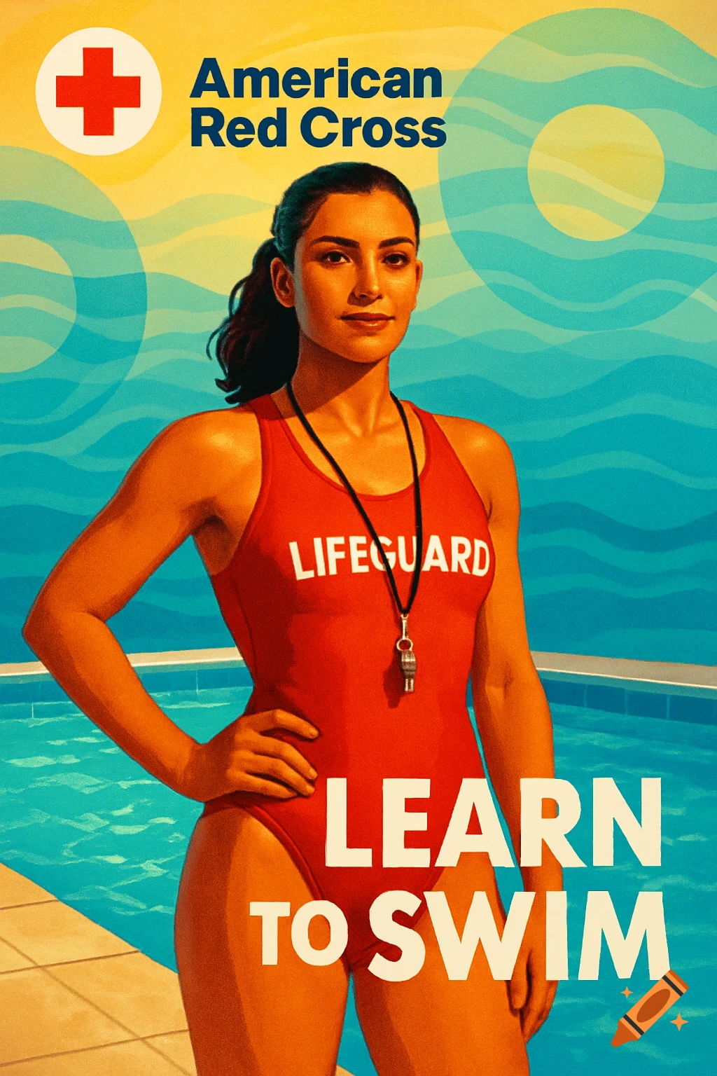 Retro poster: Female lifeguard in red swimsuit by pool, American Red Cross logo, text 'Learn to Swim'.
