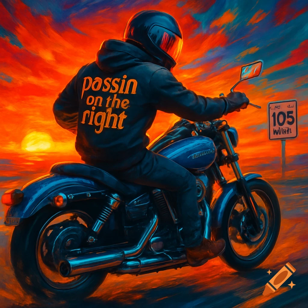 A person on a blue motorcycle rides into a vibrant orange and blue sunset. The rider's black hoodie reads 'passin on the right'.