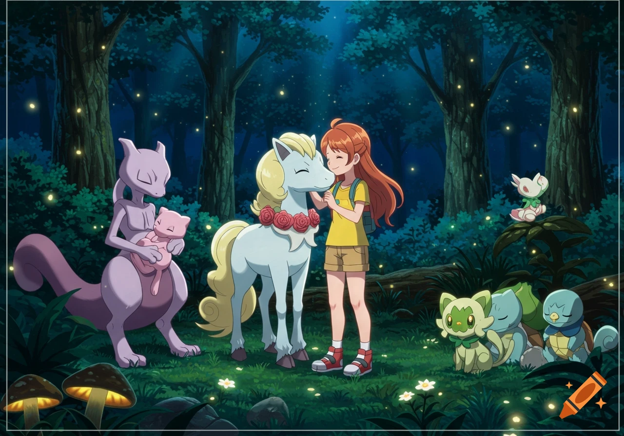 A girl and various Pokemon including Mewtwo, Mew, Galarian Ponyta, Sprigatito, Bulbasaur, Squirtle, and Piplup in a mystical, glowing forest.