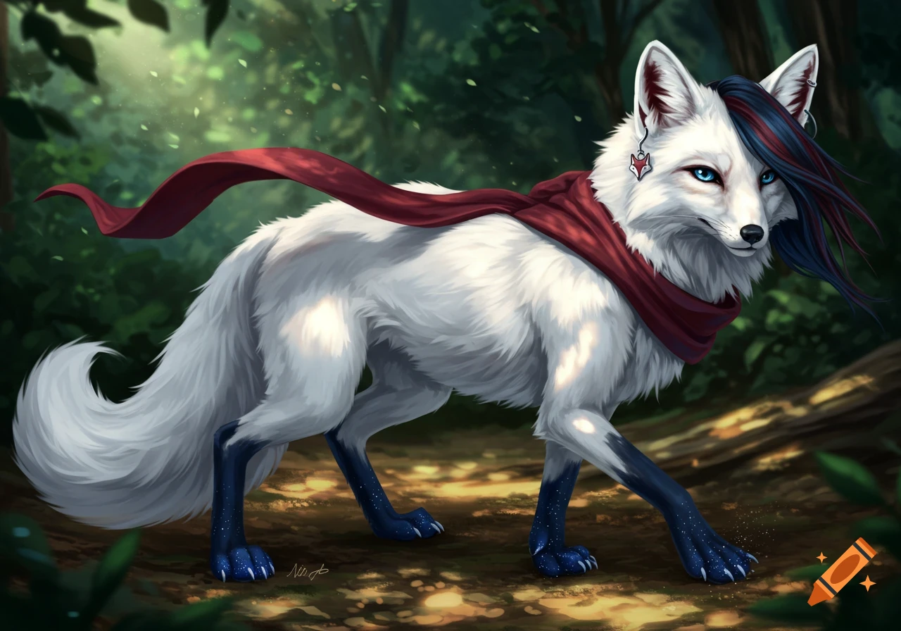 A stylized white fox with blue eyes, dark blue paws with subtle sparkles, and blue hair over one eye, wearing a red scarf, walks through a sunlit forest.