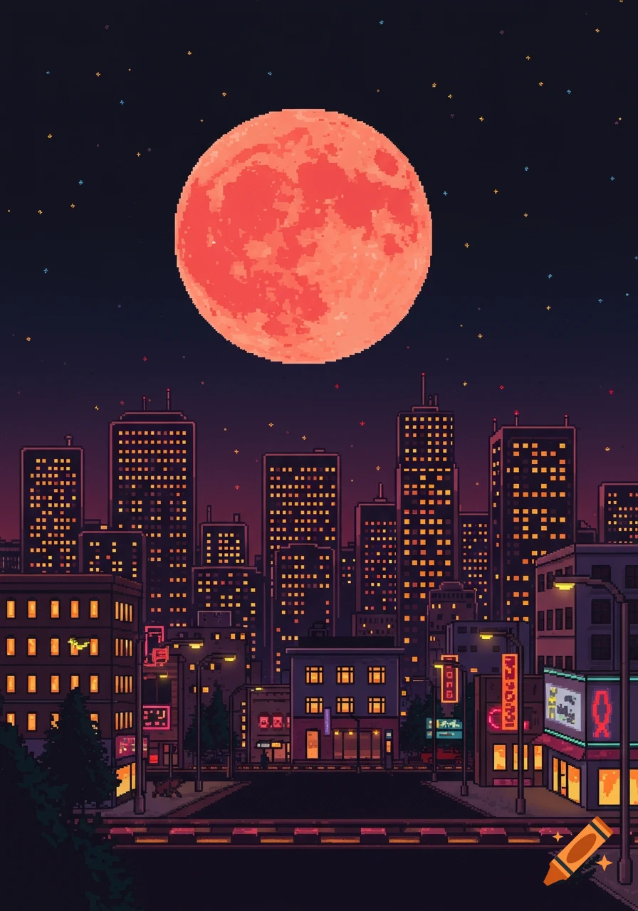 An 8-bit pixel art night cityscape with illuminated buildings, stars, and a large red blood moon dominating the sky.