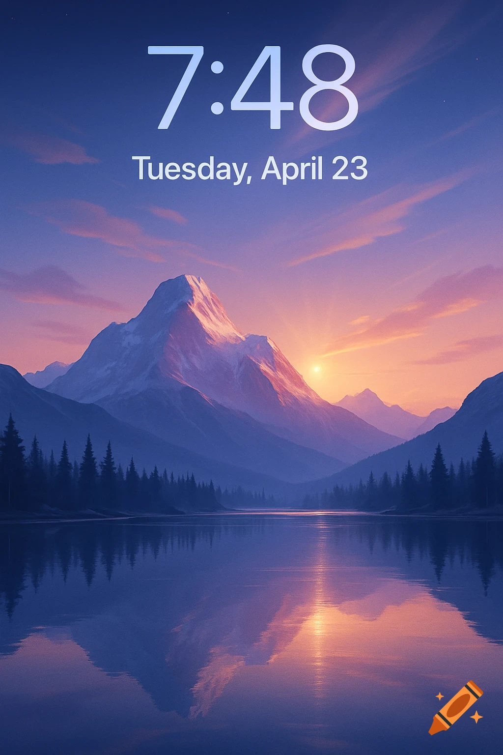 A stunning mountain and lake landscape at sunrise or sunset with a lock screen display showing '7:48 Tuesday, April 23'.