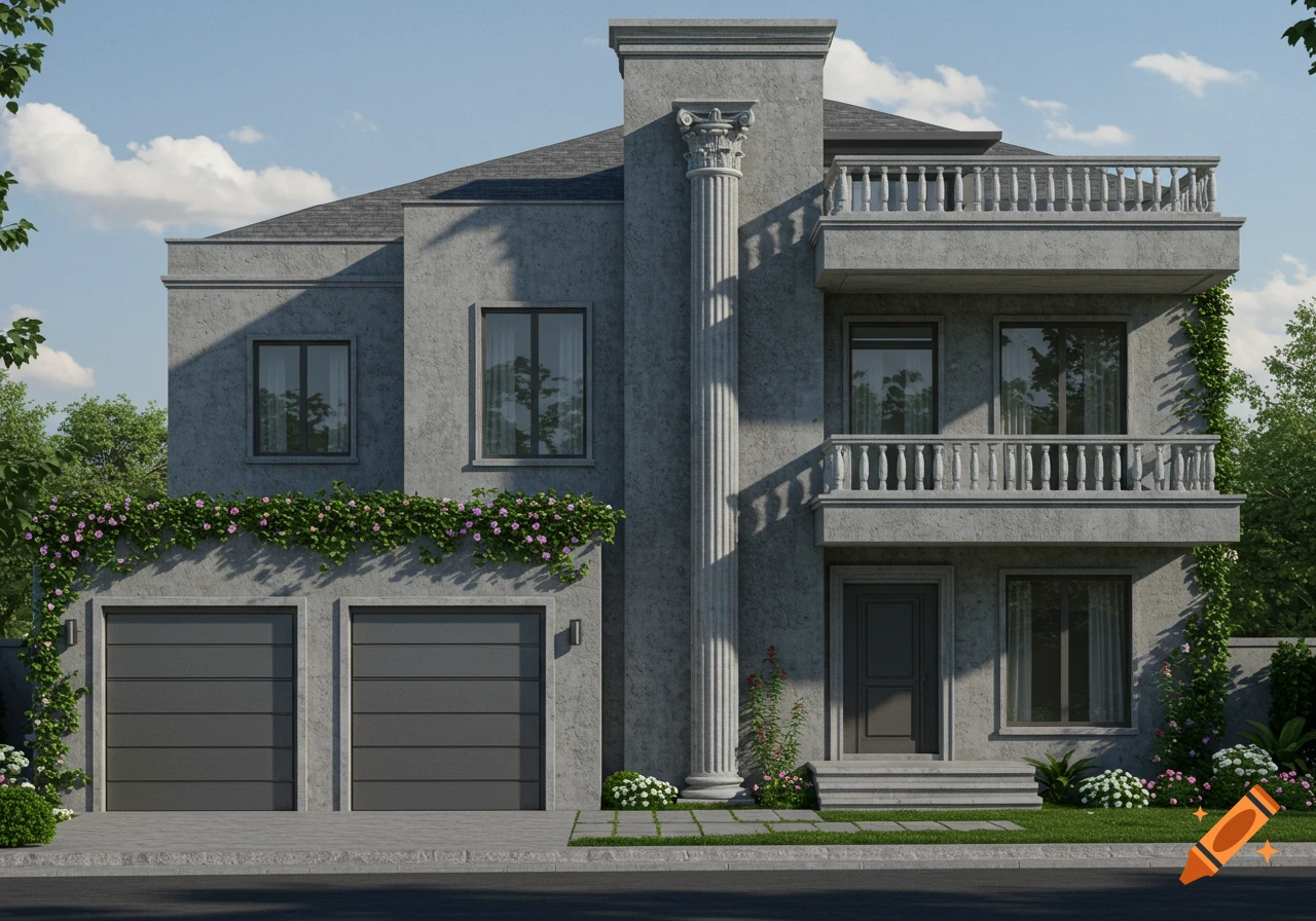 Photorealistic two-story concrete house with two garage doors, a central Roman pillar, and balconies, adorned with green vines and pink flowers.