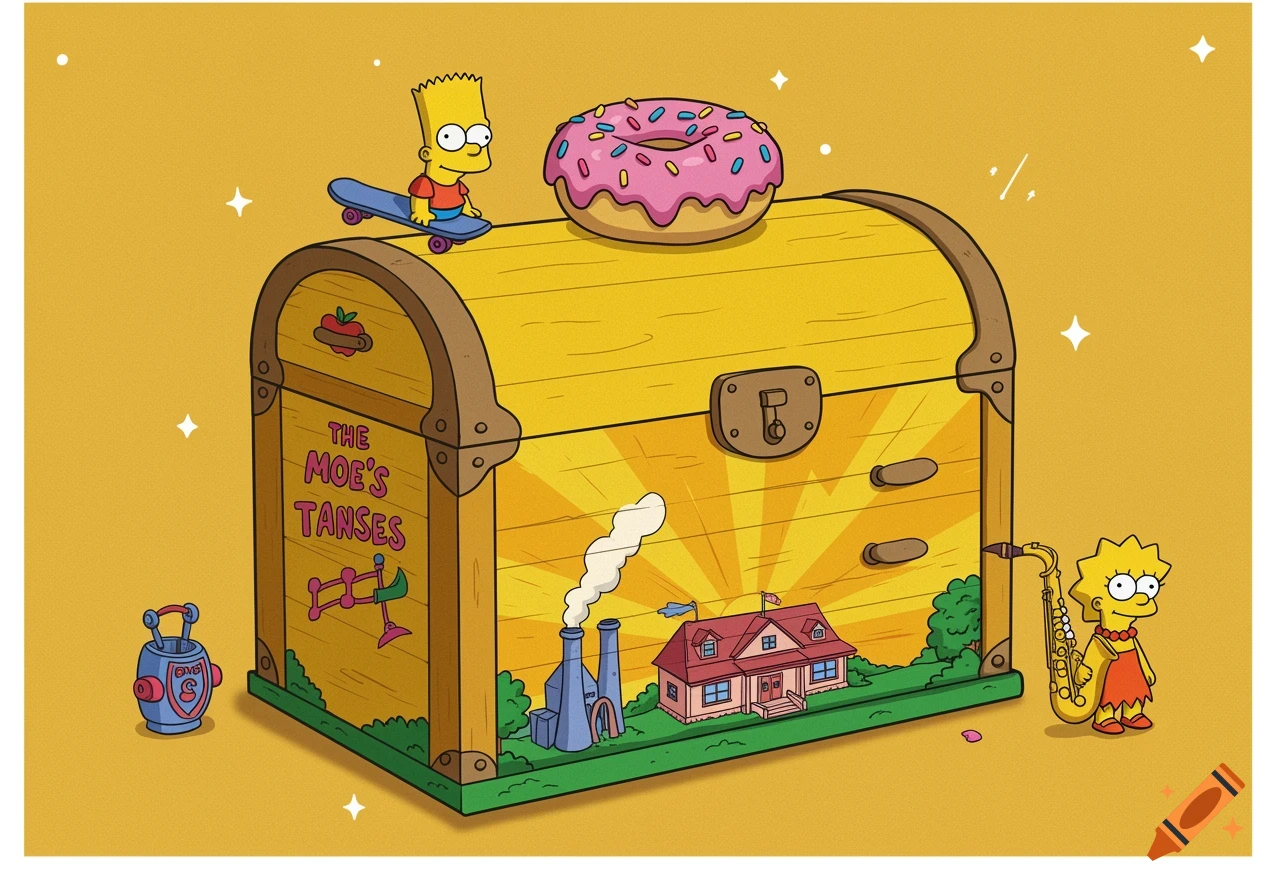 An illustration of a yellow wooden chest with Bart Simpson on a skateboard and a pink donut on top. Lisa Simpson plays a saxophone next to it. The chest features a scene with a house, factory, and the text "THE MOE'S TANSES" on its side.