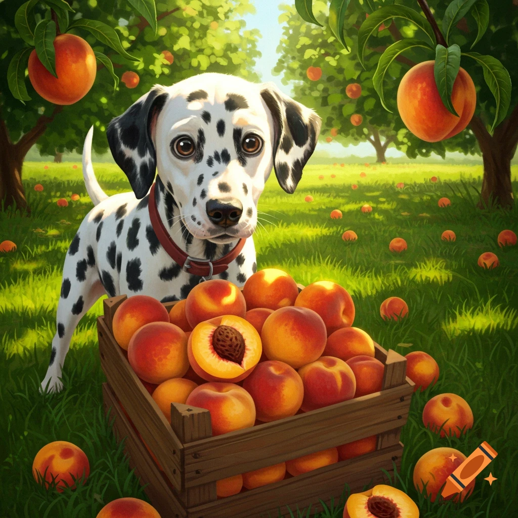 A Dalmatian dog standing by a crate full of peaches in a sunny orchard.