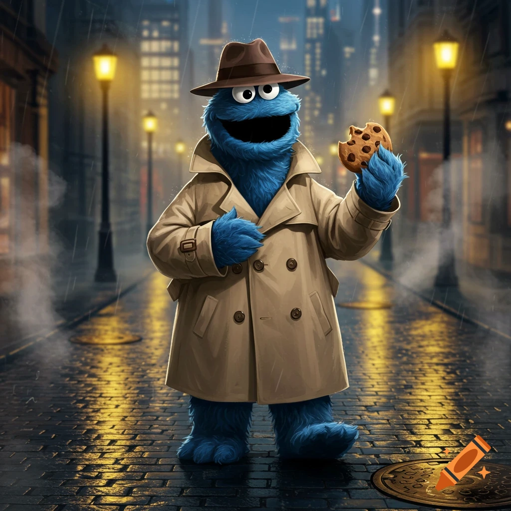 Cookie Monster in a trench coat and fedora, holding a bitten cookie on a rainy city street at night.