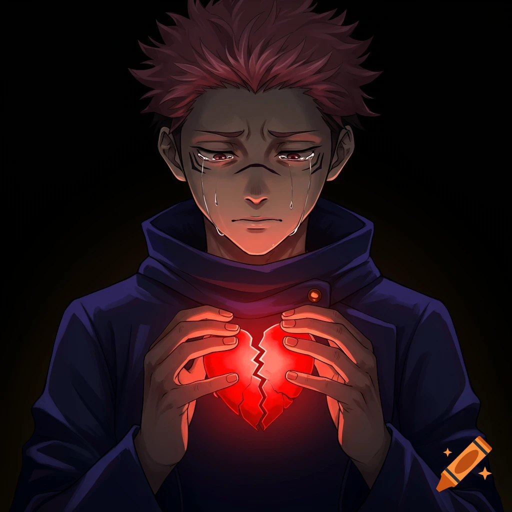 Anime character Sukuna with red spiky hair, tears streaming down his face, holding a glowing broken red heart in the dark.