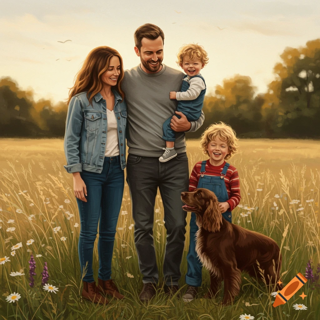 A family of four with a brown spaniel dog stands smiling in a sunny field of tall grass and wildflowers.
