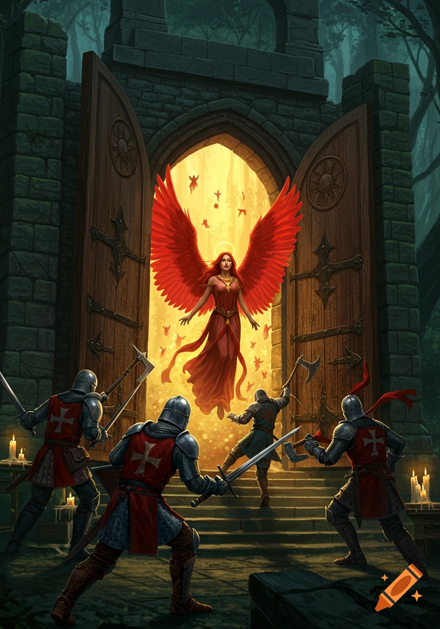 A red-winged angel emerges from a brightly lit gothic doorway in a forest, confronted by medieval knights.