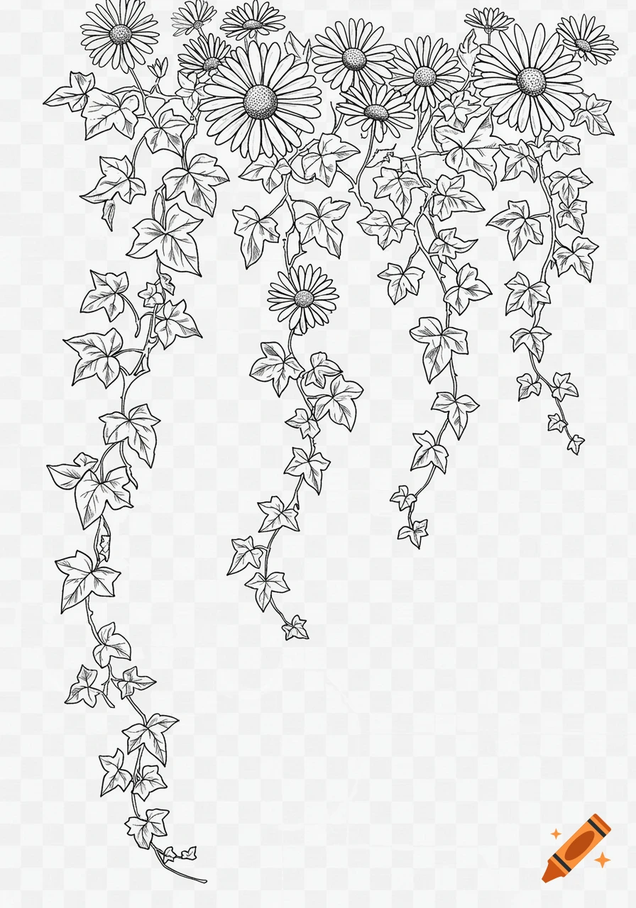Black and white line art of ivy vines with leaves trailing downwards, adorned with blooming daisy flowers at the top.
