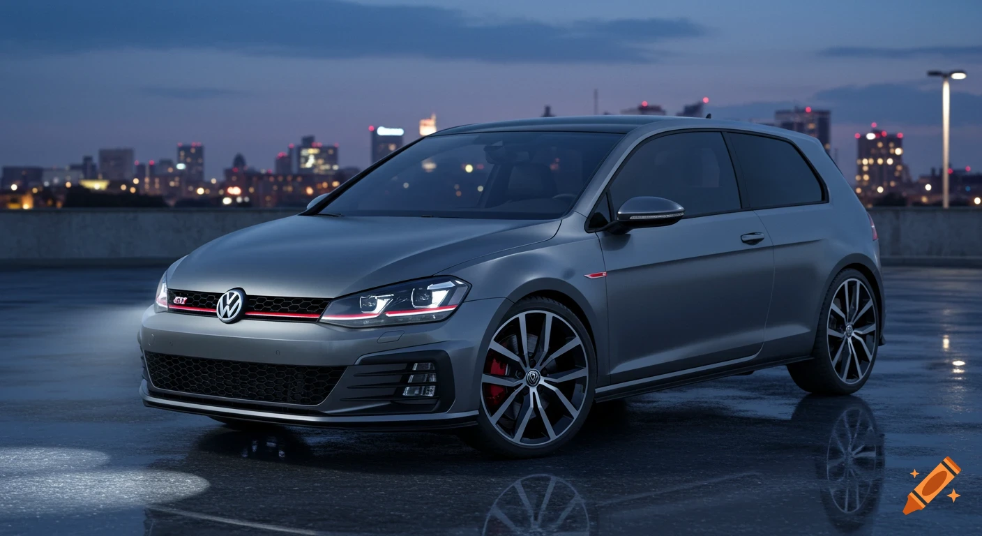 A matte grey Volkswagen Golf GTI parked on a wet rooftop at dusk with a city skyline in the background.