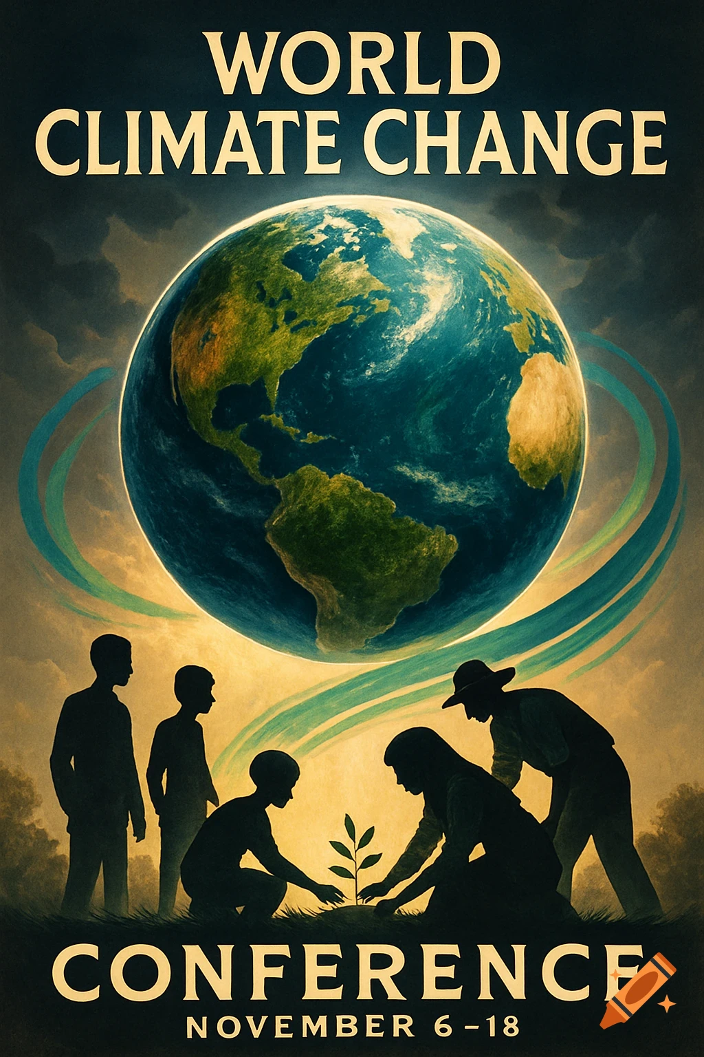 A vintage-style poster for a climate change conference shows Earth above silhouetted people planting a tree, with text.